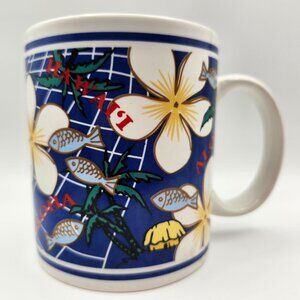 Vintage Island Heritage Blue Plumeria Of Aloha Hawaii Hawaiian Mug Fish 12oz